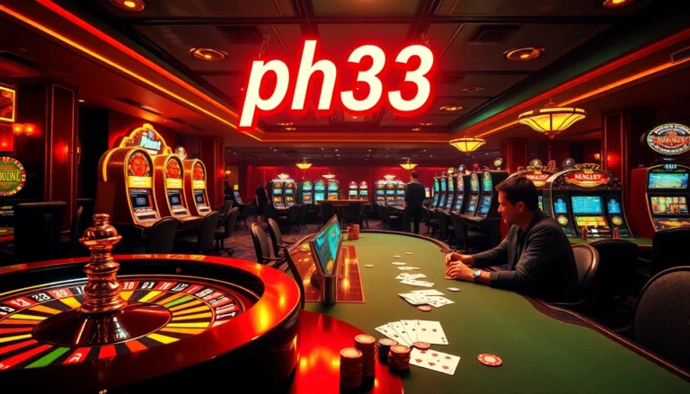 Experience the thrill of play at PH33 Casino with vibrant gaming tables, roulette wheels, and excited players.