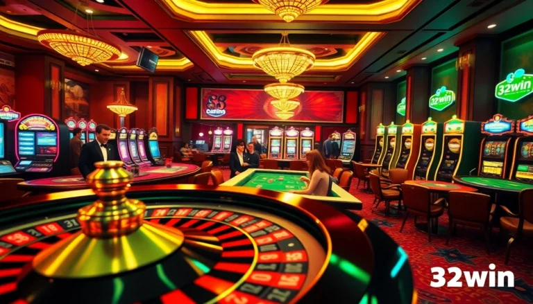 32win offers an exciting ambiance with a roulette wheel and enthusiastic players at a poker table in a luxurious casino setting.