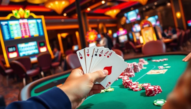 BGD33 casino scene with vibrant poker table and winning cards in hand.
