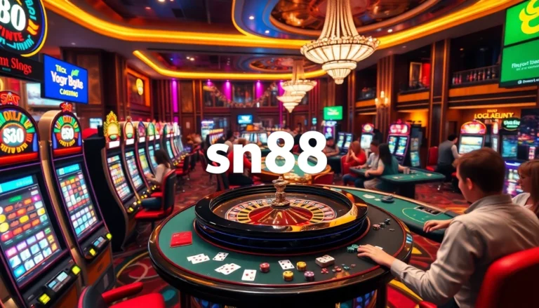 Experience the thrill of betting at sn88's vibrant casino tables featuring roulette, chips, and players.