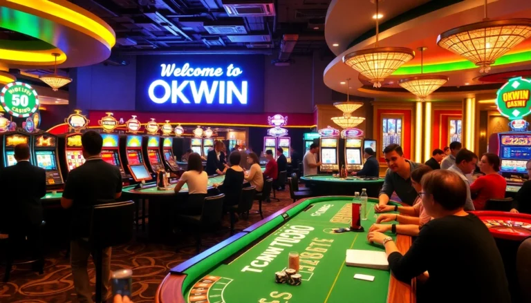 Experience the thrill of winning at OKWIN Casino with players at poker and roulette tables, amid bright slot machines.