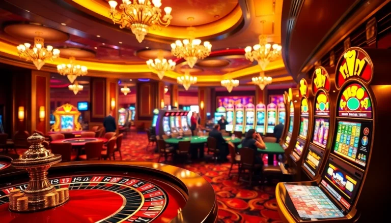 Gamblers at 789f experience the excitement of casino gaming with vibrant tables and lively slot machines.