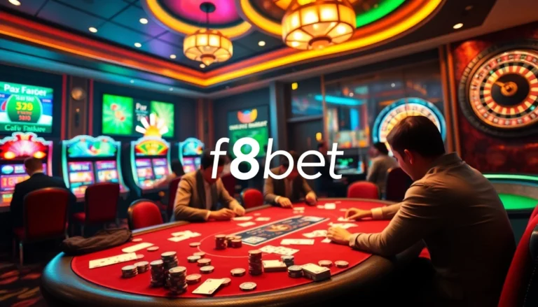 f8bet casino scene with players at poker table and vibrant slot machines.