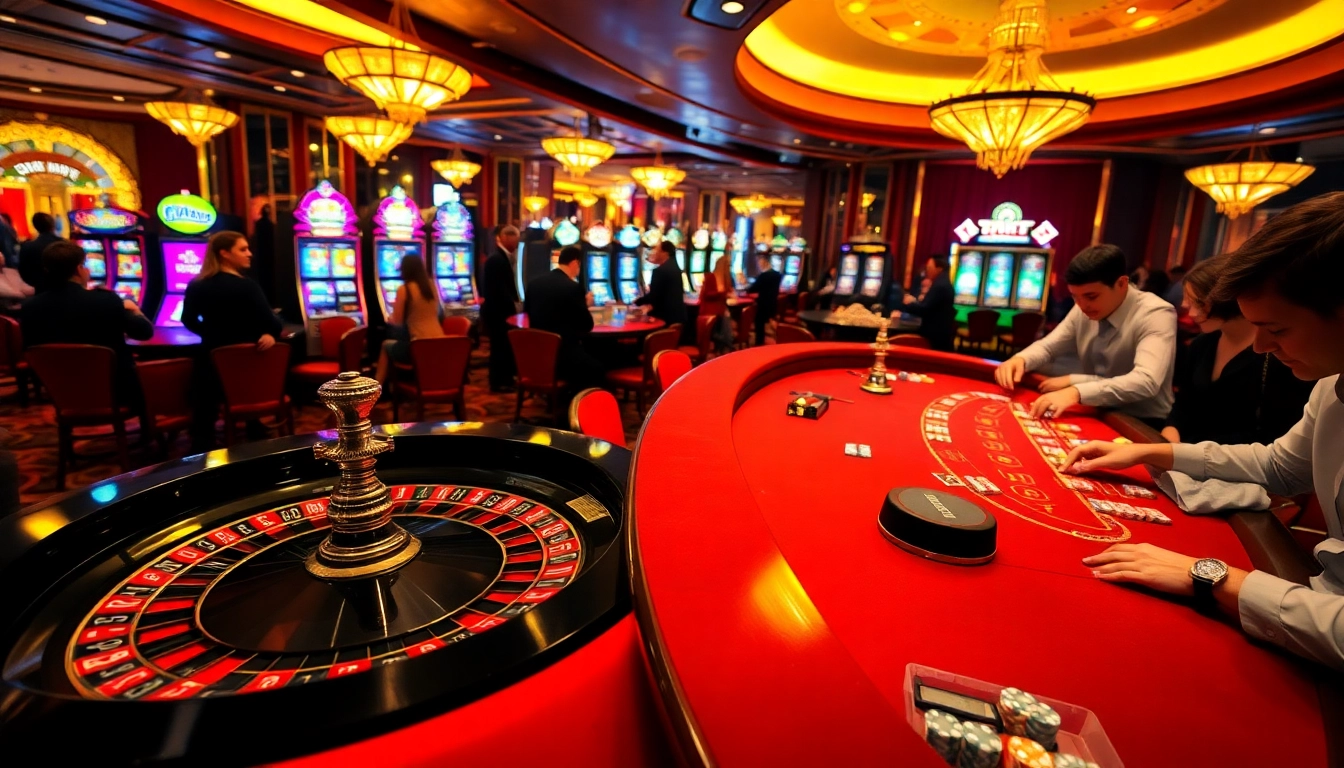Experience high-stakes excitement at f8bet's dynamic casino floor with players betting at roulette and poker tables.