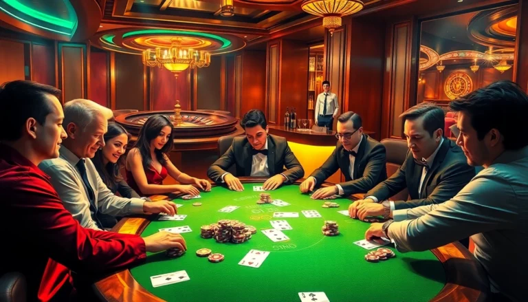 Experience the thrill of poker at 789f, featuring vibrant chips and intense gameplay in a luxurious casino setting.