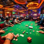ea77 casino scene showcasing players at a blackjack table with vibrant slots and excitement.