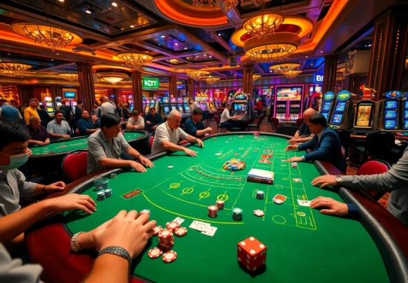 ea77 casino scene showcasing players at a blackjack table with vibrant slots and excitement.