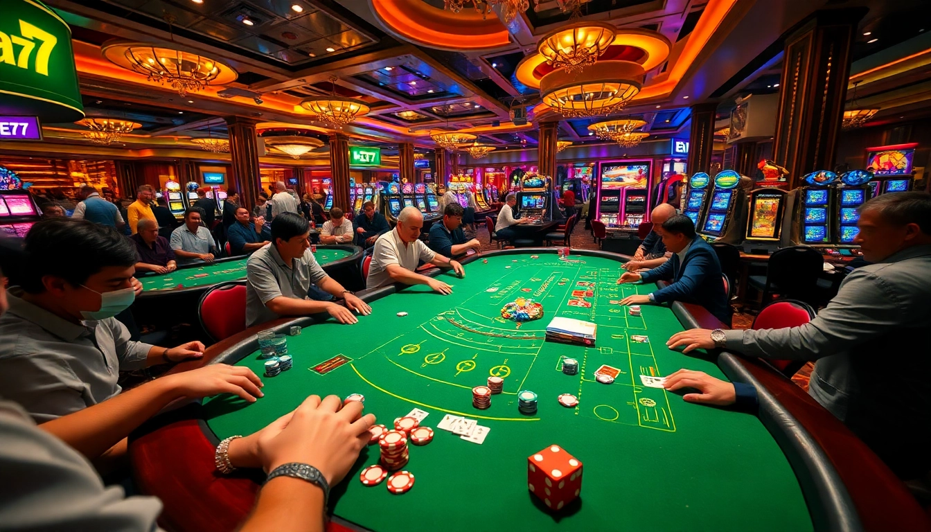 ea77 casino scene showcasing players at a blackjack table with vibrant slots and excitement.